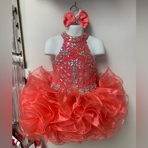 Size 3 Coral Beaded High Neck Keyhole Back Cupcake Pageant Dress & Bow NWT
